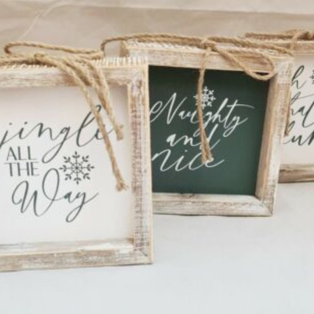 Jingle All the Way Naughty & Nice Christmas Sign Set of 3 Wood Wall Art 6"x6"
